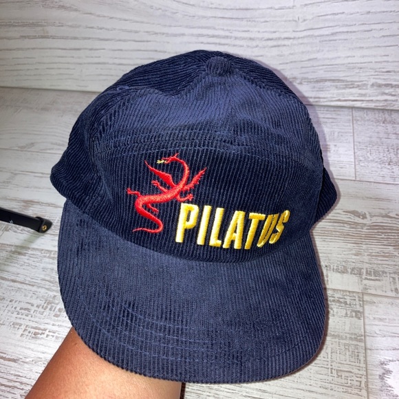 Pilatus red dragon logo Hat Camp Cap Blue Corduroy - Vintage Adjustable . - Picture 4 of 5